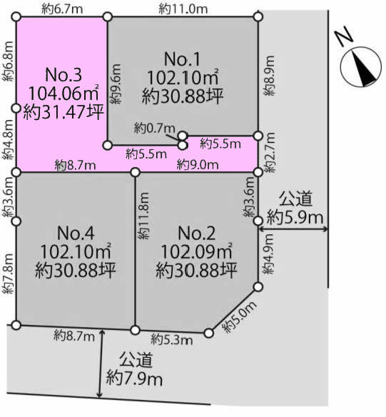 府中市四谷3丁目の土地。g-23387の地形図です。