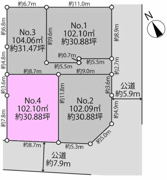 府中市四谷3丁目の土地。g-23388の地形図です。
