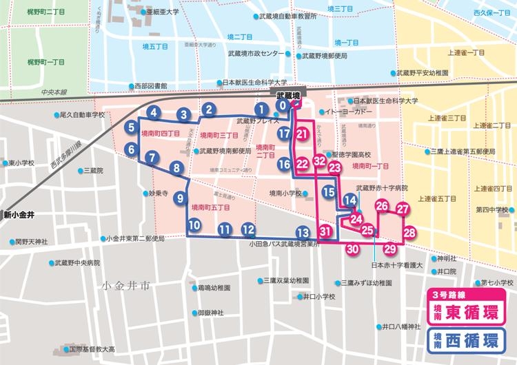 武蔵野市ムーバス３号路線武蔵境駅周辺路線図２０１１．０３