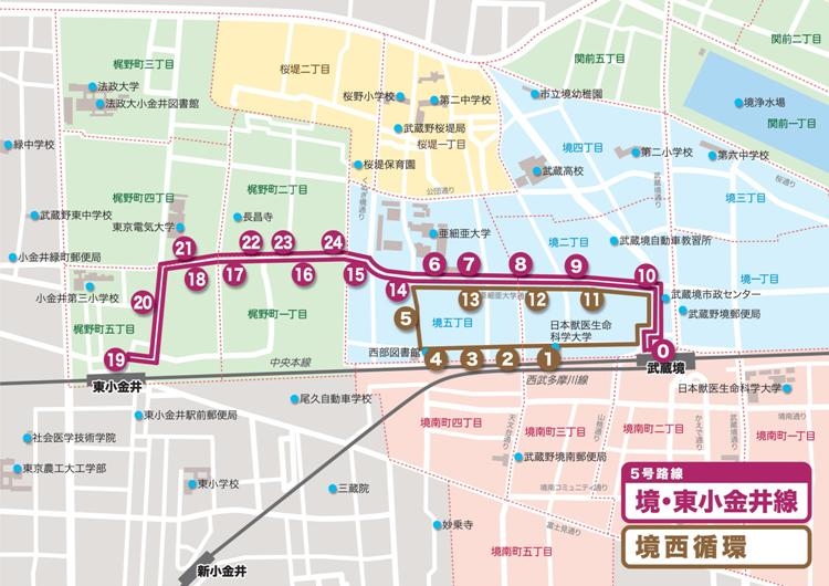 武蔵野市ムーバス５号路線武蔵境駅周辺路線図２０１１．０３