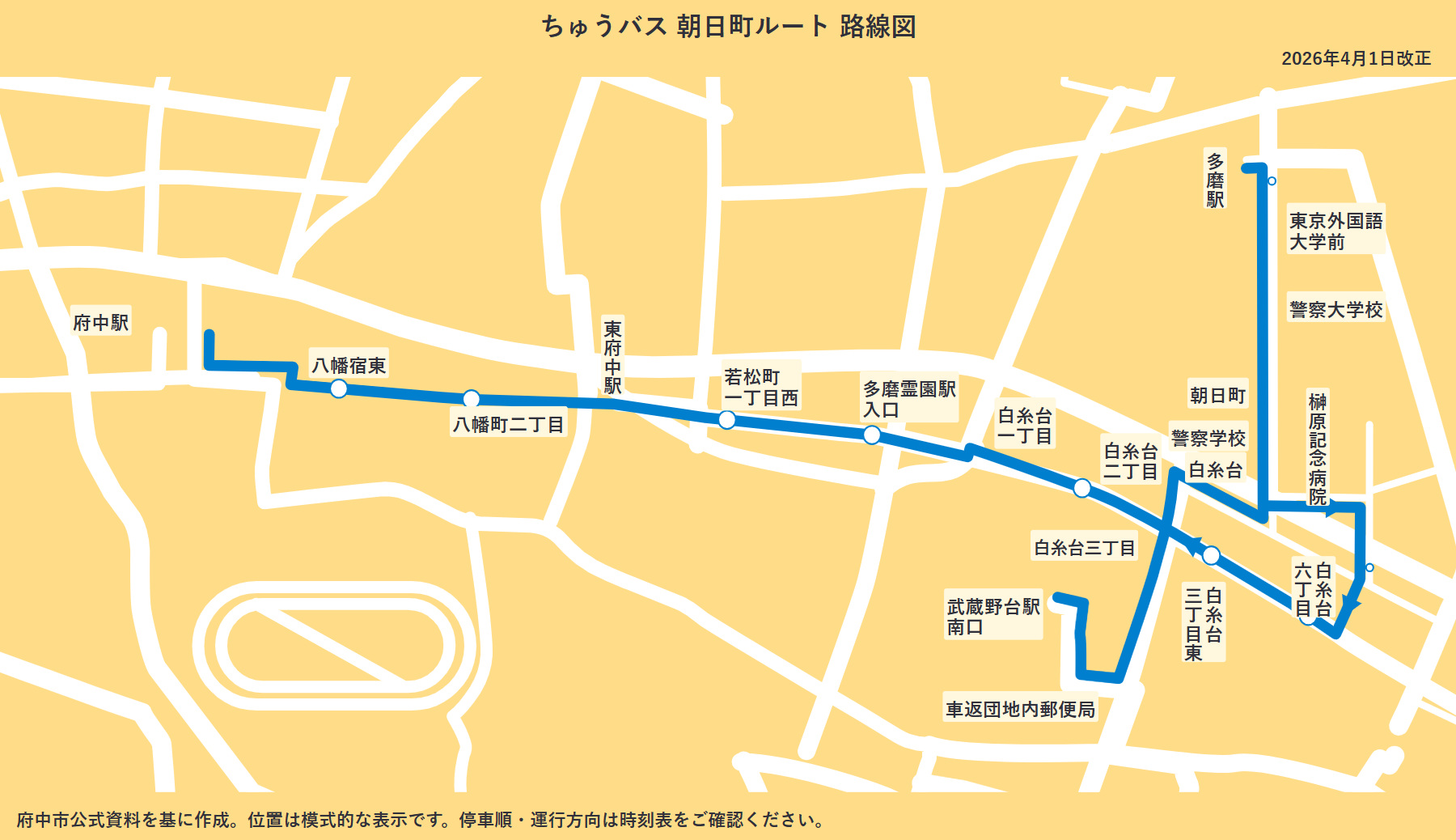 朝日町ルートの路線図(2026年4月1日改正)