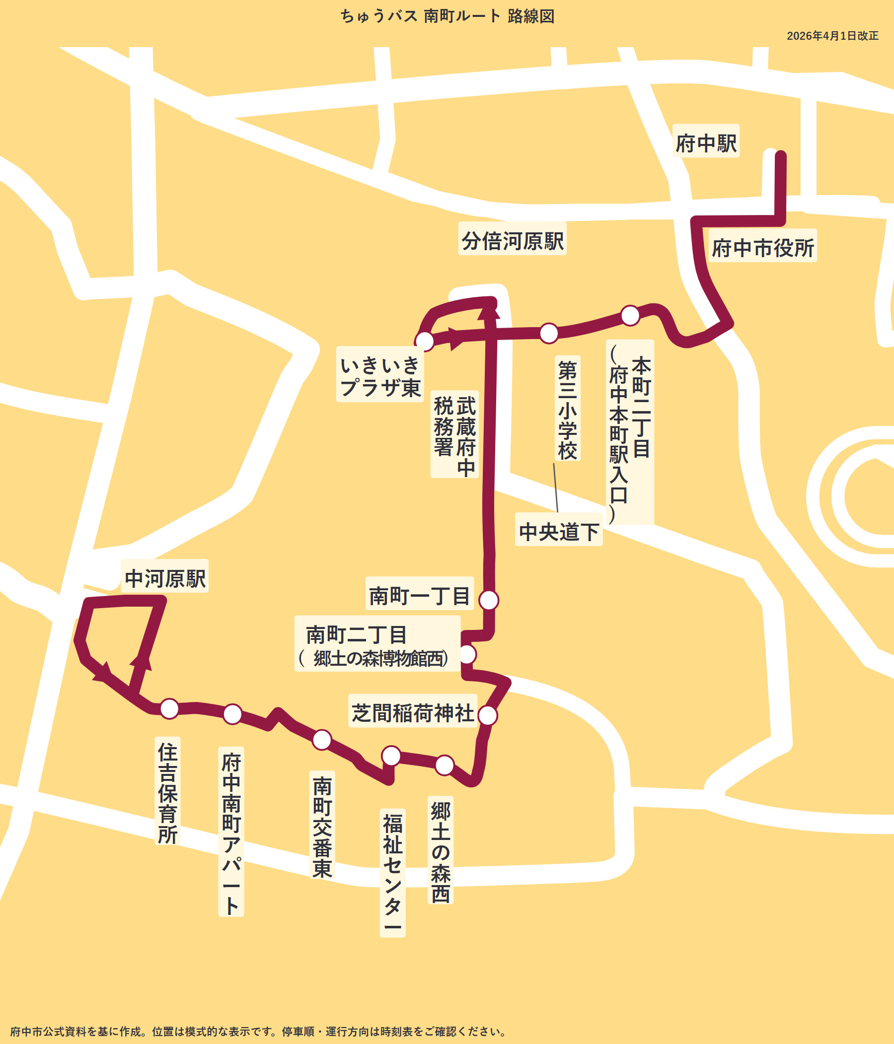 南町ルートの路線図(2026年4月1日改正)