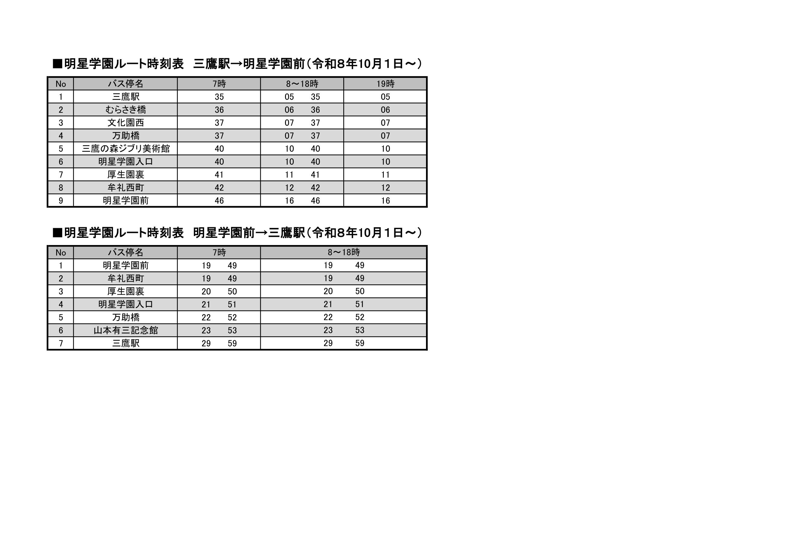 明星学園ルート時刻表(2026年10月1日から)