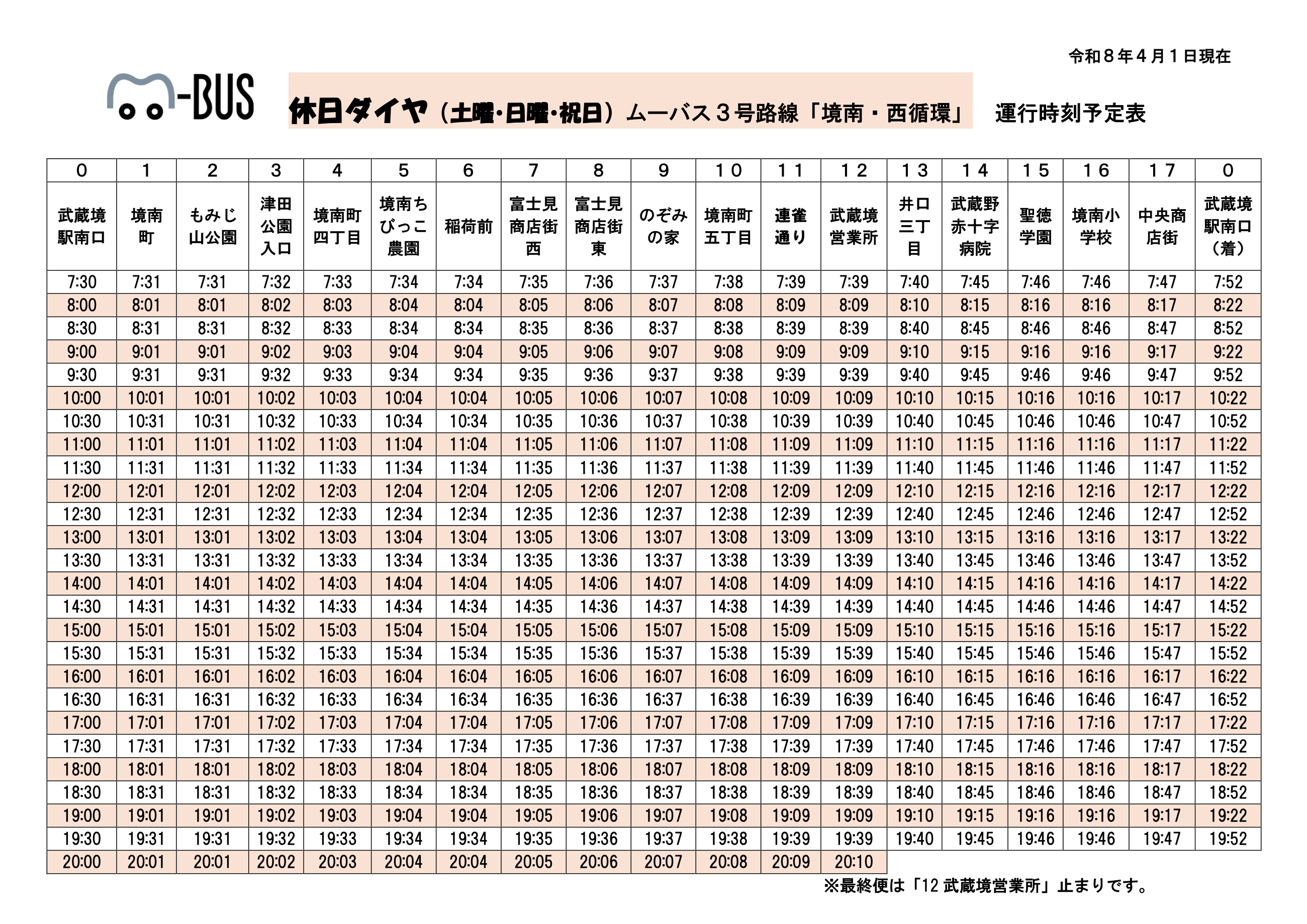 境南 西循環(3号路線) 平日・休日時刻表（令和8年4月1日改訂） （PDF 621.4KB）（2枚目）