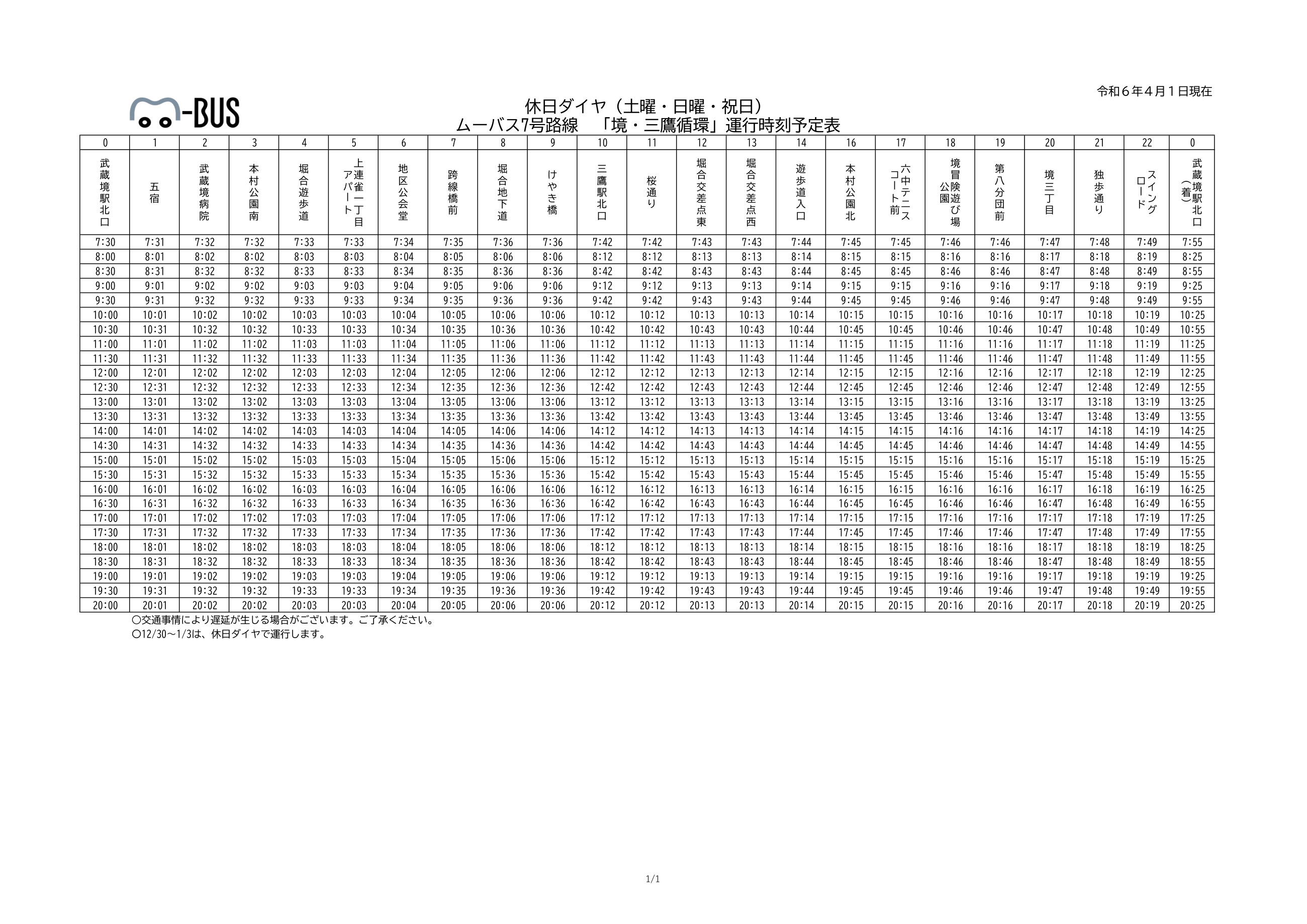 境・三鷹循環(7号路線)土曜、日曜、祝日時刻表 (PDF 192.6KB)