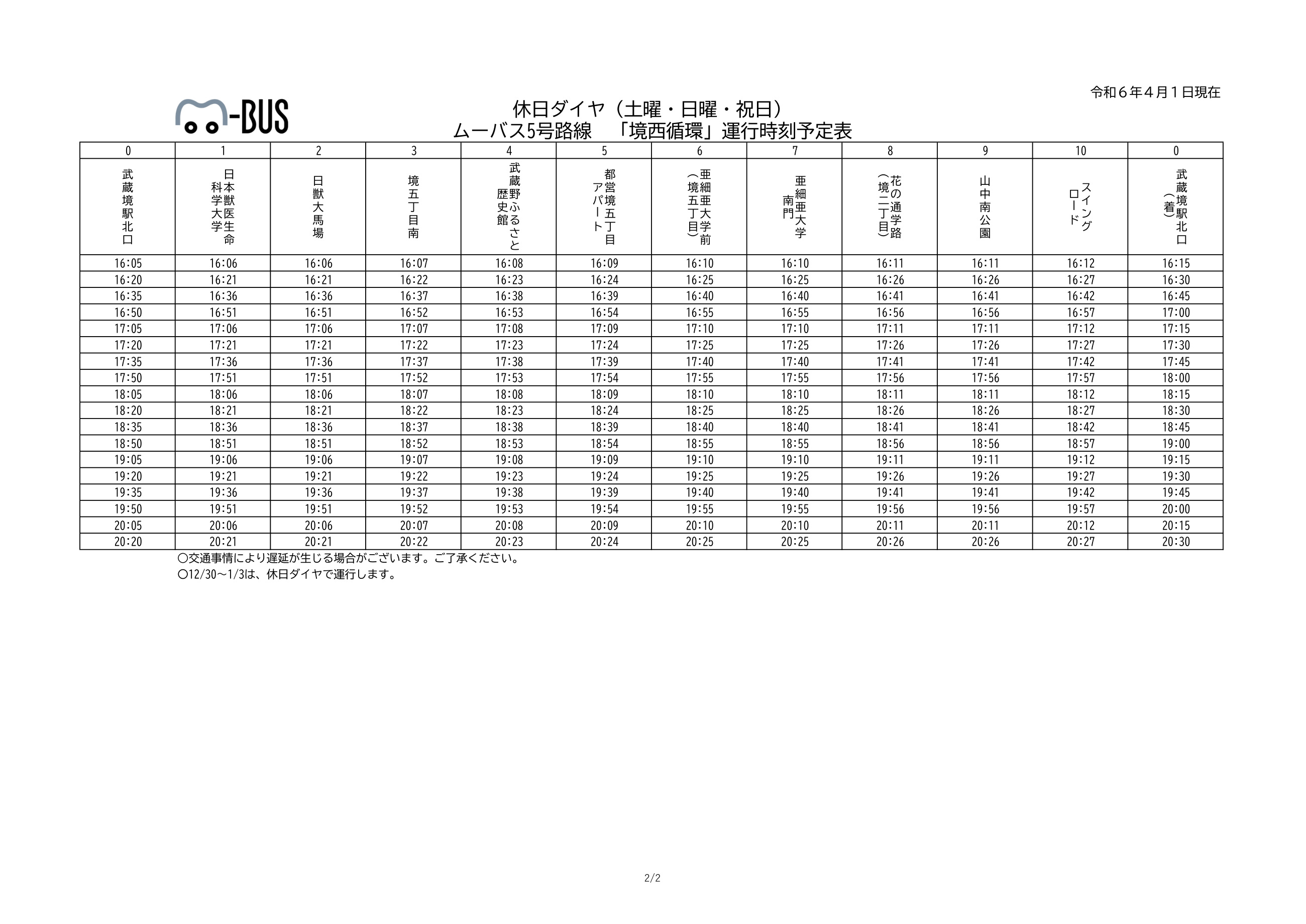 境西循環(5号路線)土曜、日曜、祝日時刻表 （PDF 195.5KB）（2枚目）