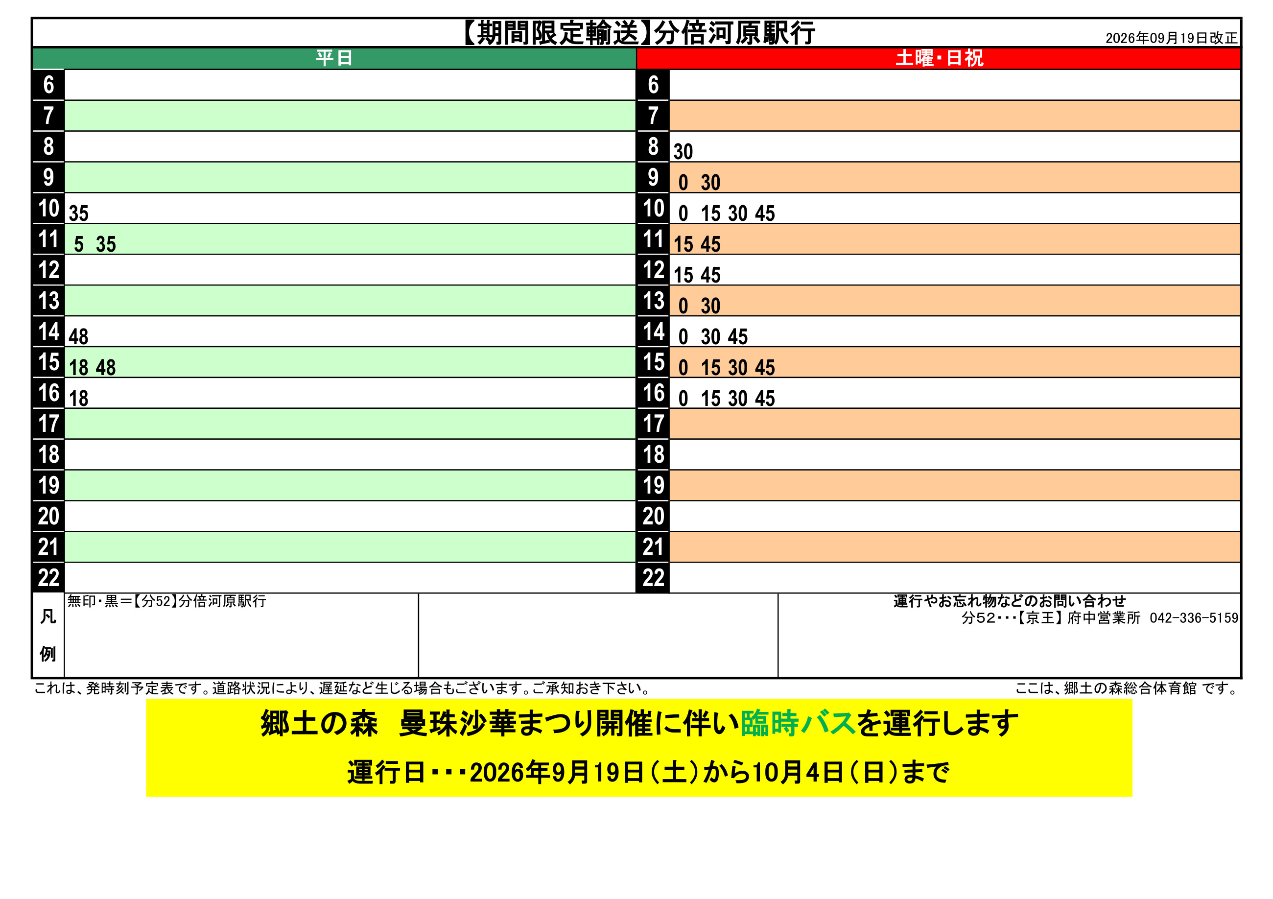 期間限定・郷土の森総合体育館発の分倍河原駅行時刻表
